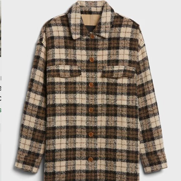 Banana Republic Oversized Italian Bouclé Shirt Jacket Camel Plaid XS - Picture 1 of 8